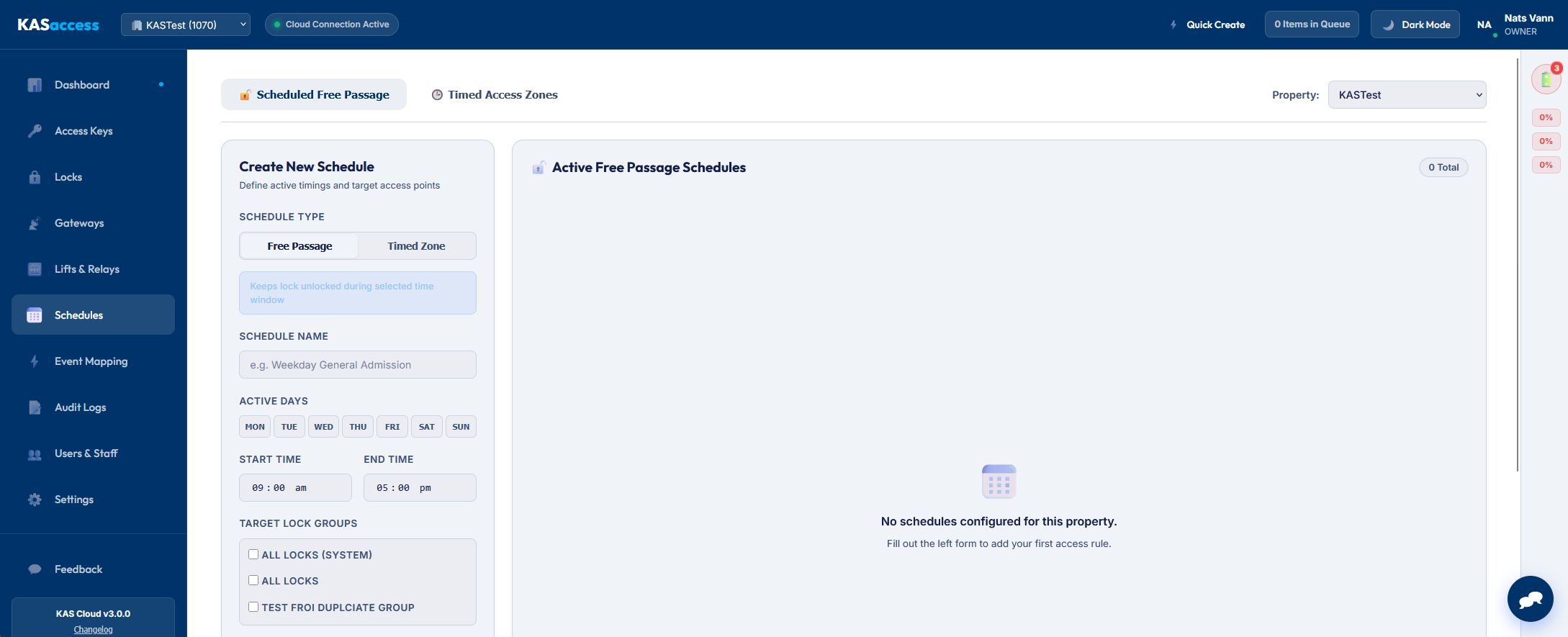 KASAccess scheduled free passage and timed access zones